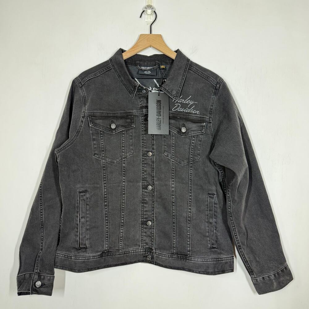 NEW Harley Davidson Jacket Size‎ XL Black Denim Silver Wing Stretch Motorcycle
